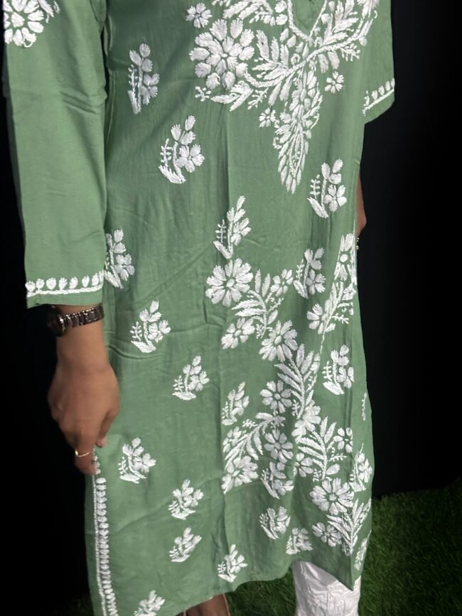 Beautiful Green RAYON Fabric 3D Work Design - Image 3