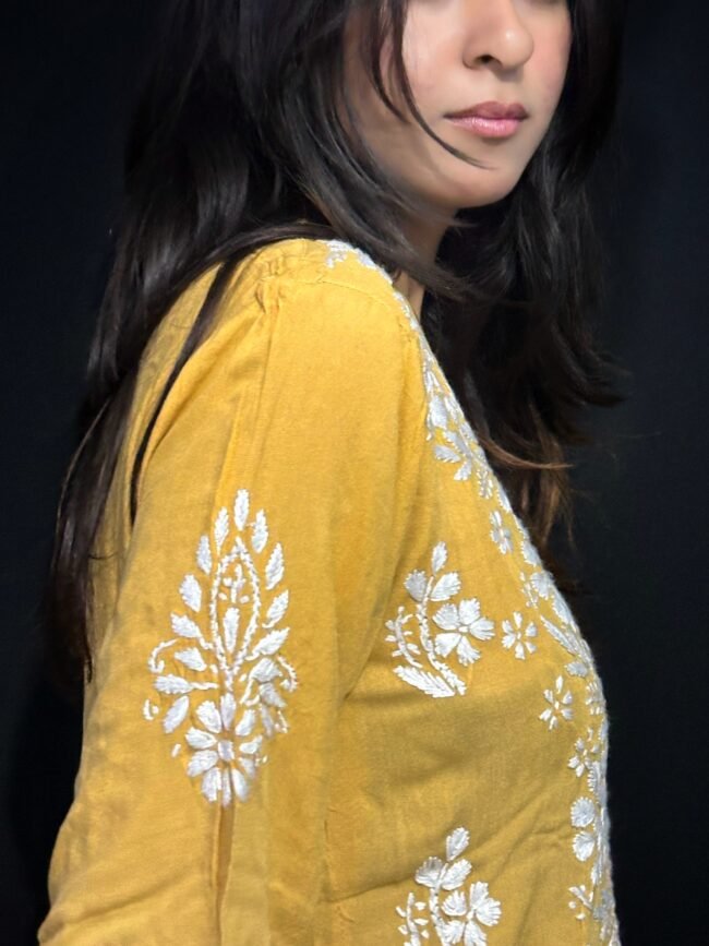 Rayon Fabric Beige Color Kurti Ghaspatti Work - Image 3
